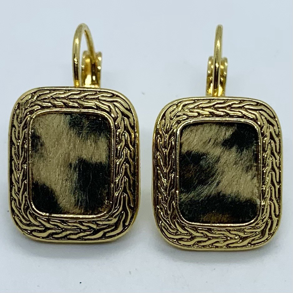 Vtg 90s Cheetah Faux Fur Gold Tn Chain Link Leverback Earrings Rectangle Bold
