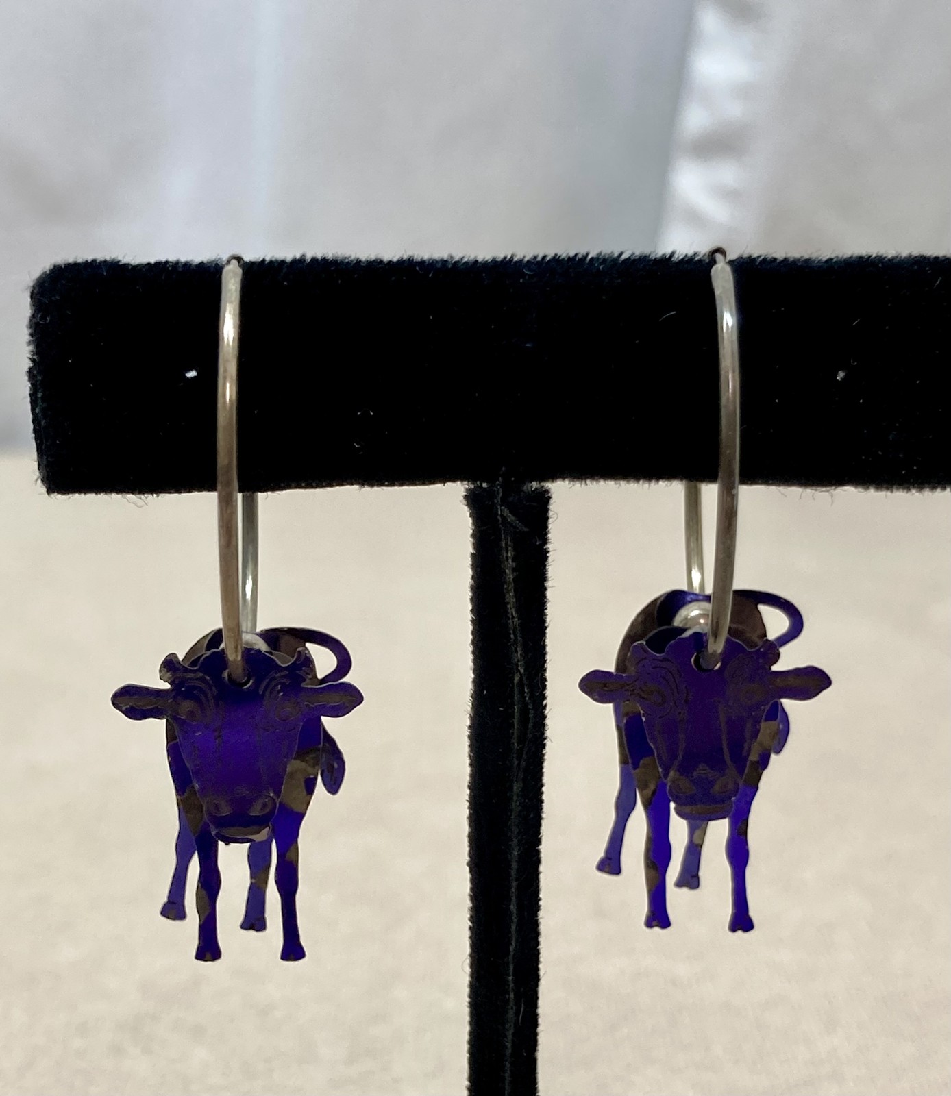 Vtg Sterling Silver 925 Blue Cow Hoop Pierced Earrings Animal Charm Dangle Drop