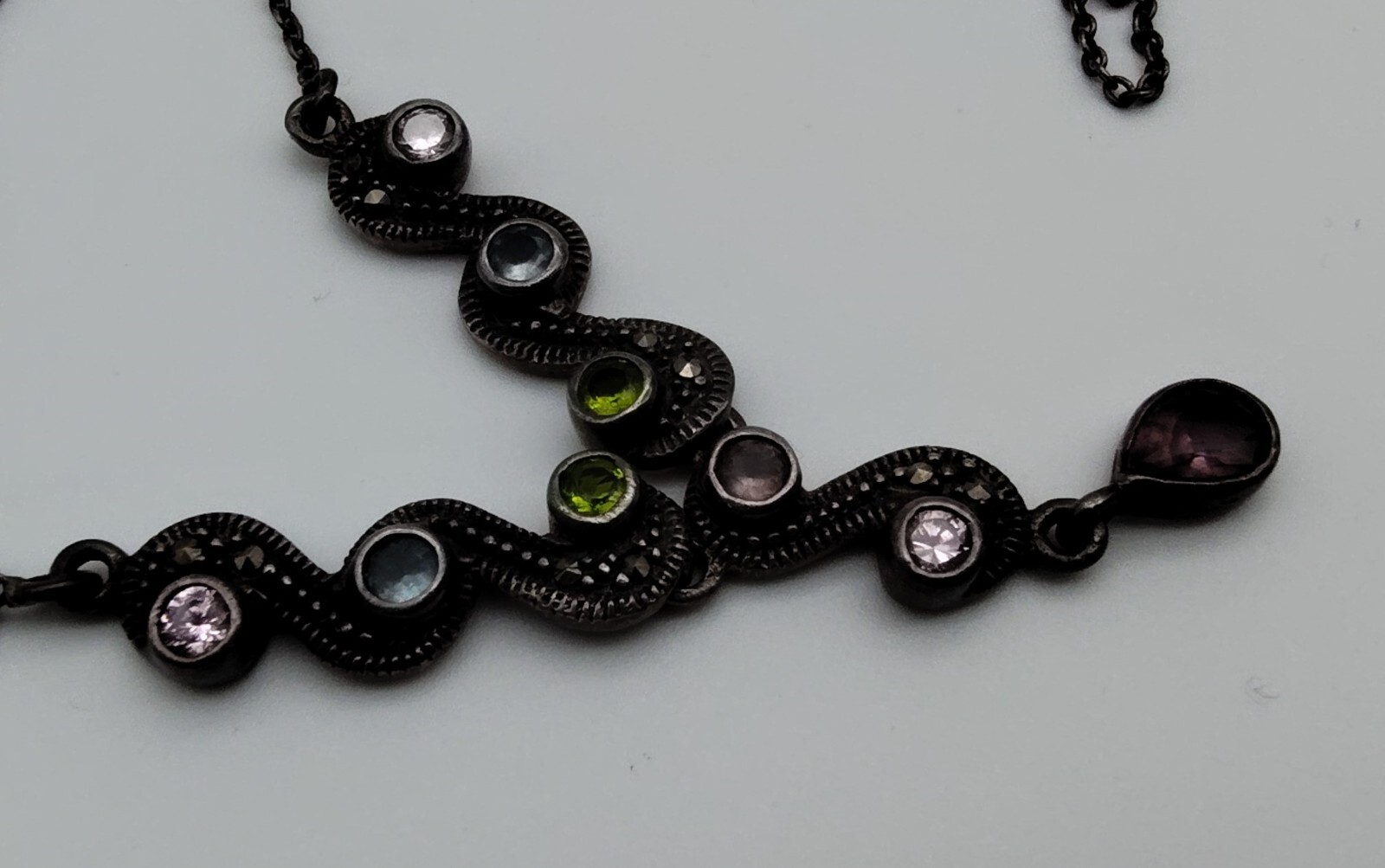 Vintage Pink Purple Green Blue Stone Marcasite Sterling Pendant Necklace 925