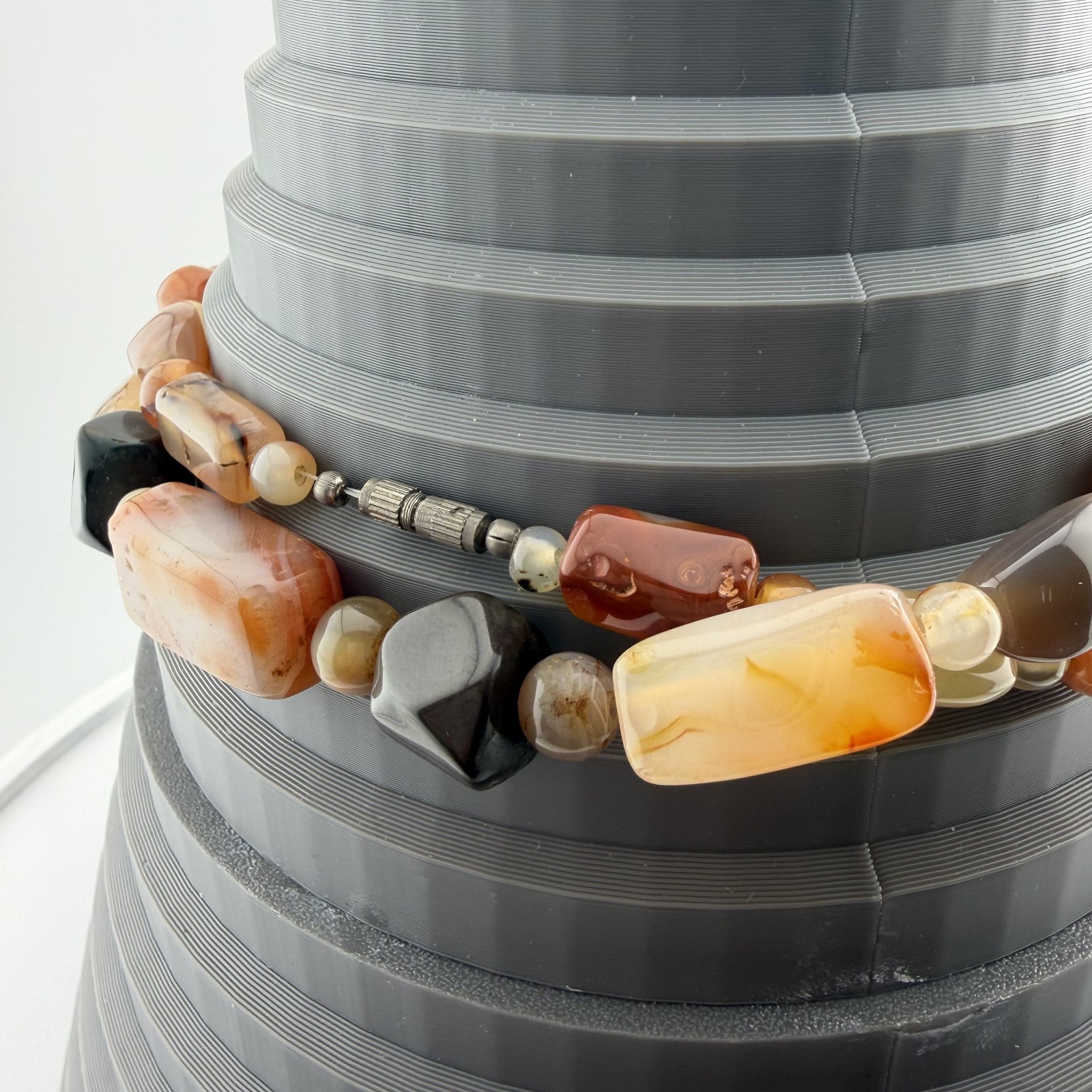 Vintage Beggar Beads Mixed Banded Agate Carnelian Stone Necklace Earthy Boho 17″
