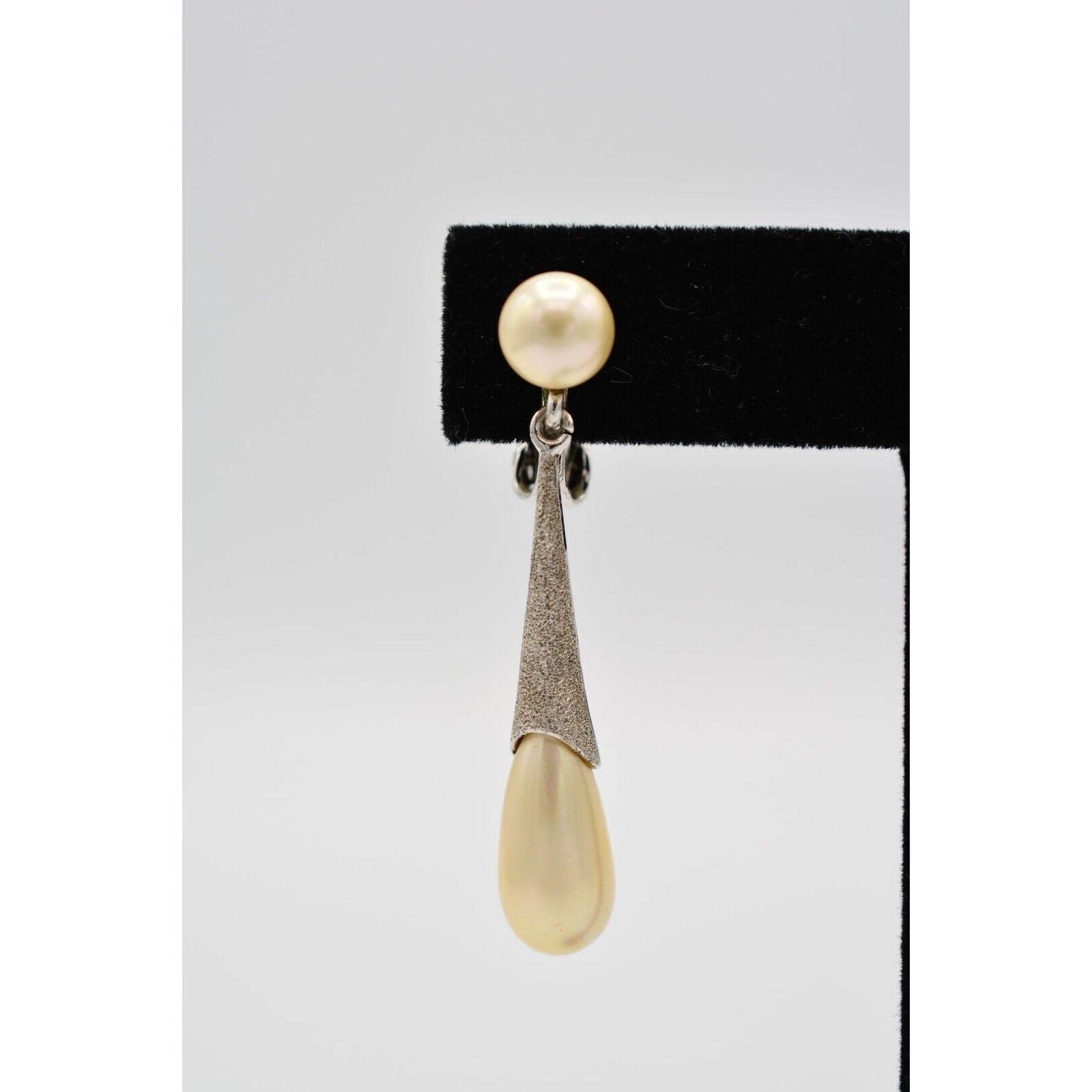 Vintage Dangle Earrings Silver Tone Faux Pearl Drop Textured Signed 1980s Bin7