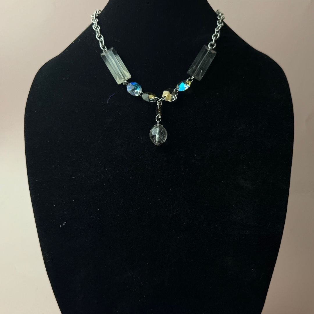 Vintage Faceted Crystal Glass Beaded Necklace Silver Tone Chain Umber Yellow