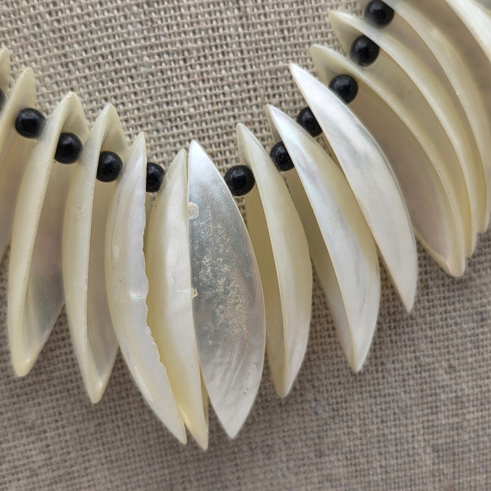 Vintage Mother Of Pearl Shell Fringe Bib Necklace Black Bead Tribal Boho 25″