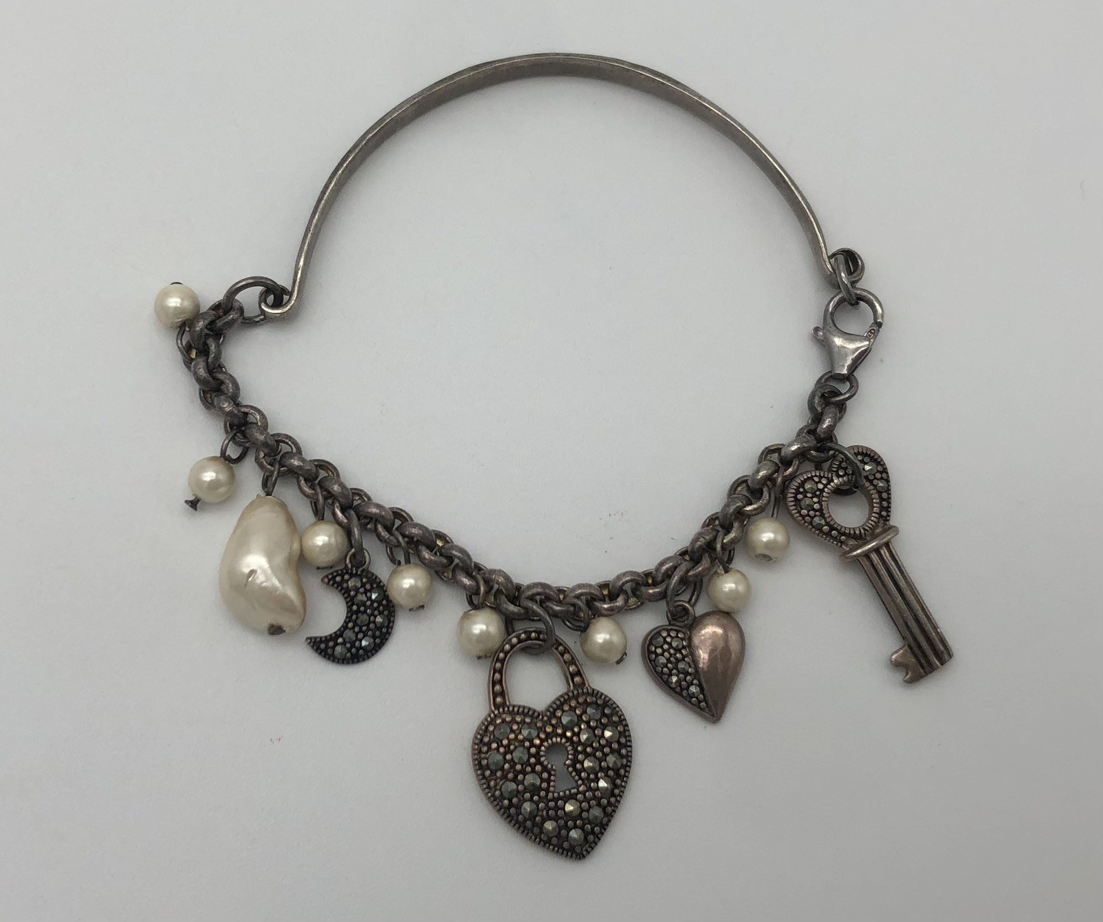 Vintage Sterling Silver Heart And Key Charm Bracelet Marcasite Stones Faux Pearl