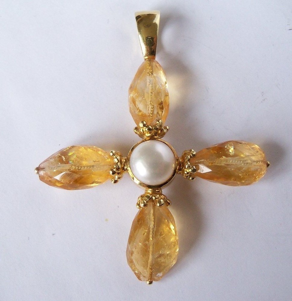 Vintage Mazza MAZ 18k Gold Citrine Pearl Cross Pendant Large Signed 21.4g