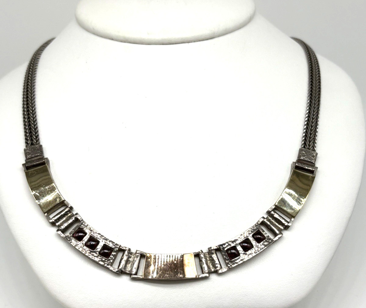 Italy Necklace Modernist Garnets Red Mesh Chain Sterling Silver Gold Plate Heavy