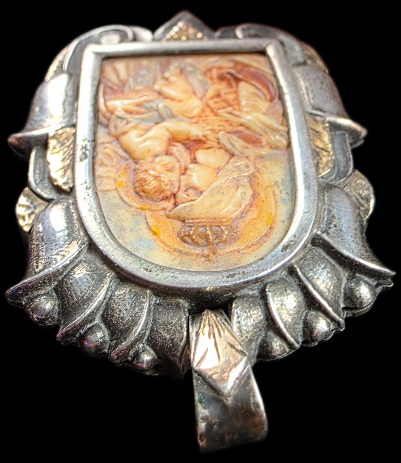 Fine Antique Art Nouveau Silver Gold Madonna Virgin Mary and Jesus Pendant C1900