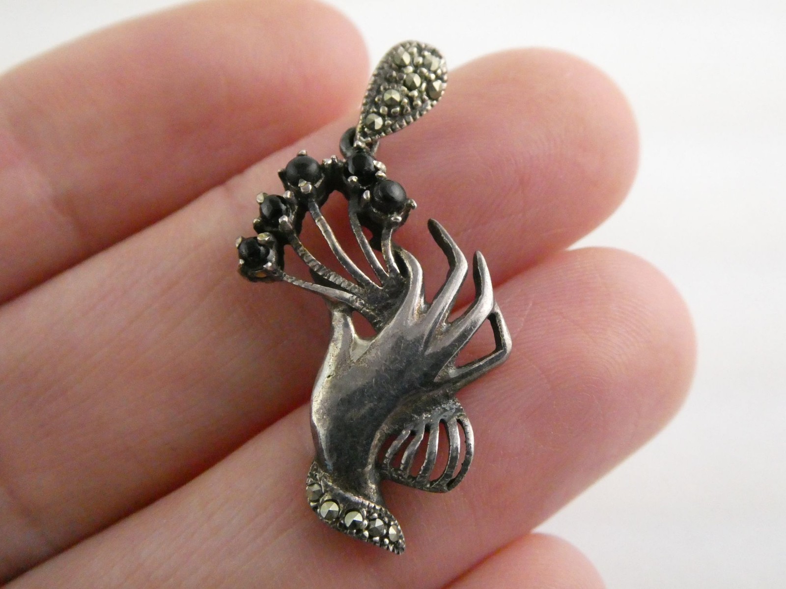 Marsala CW Sterling Silver Hand Holding Black Onyx Flowers Marcasite Pendant 2g