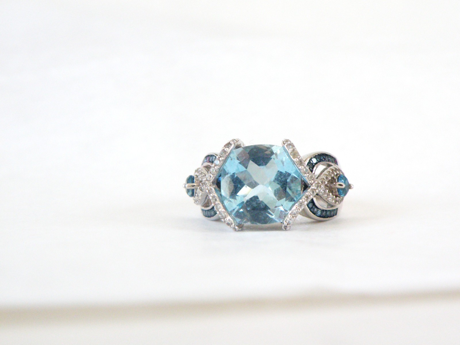 Vintage Style Sterling Silver 925 Natural Heated Blue Topaz Diamond Ring Size 6