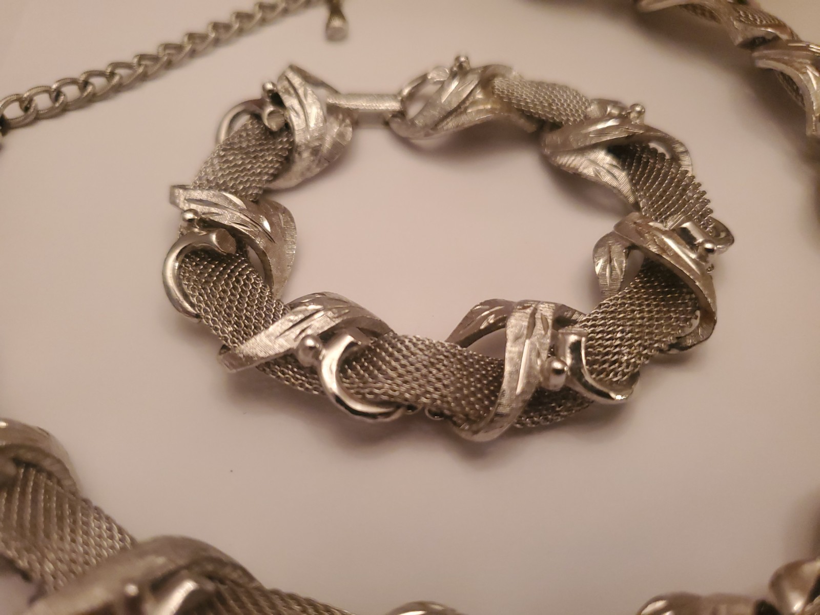 Vintage Coro Silvertone Set Features A Textured Ribbon Design And Includes Both