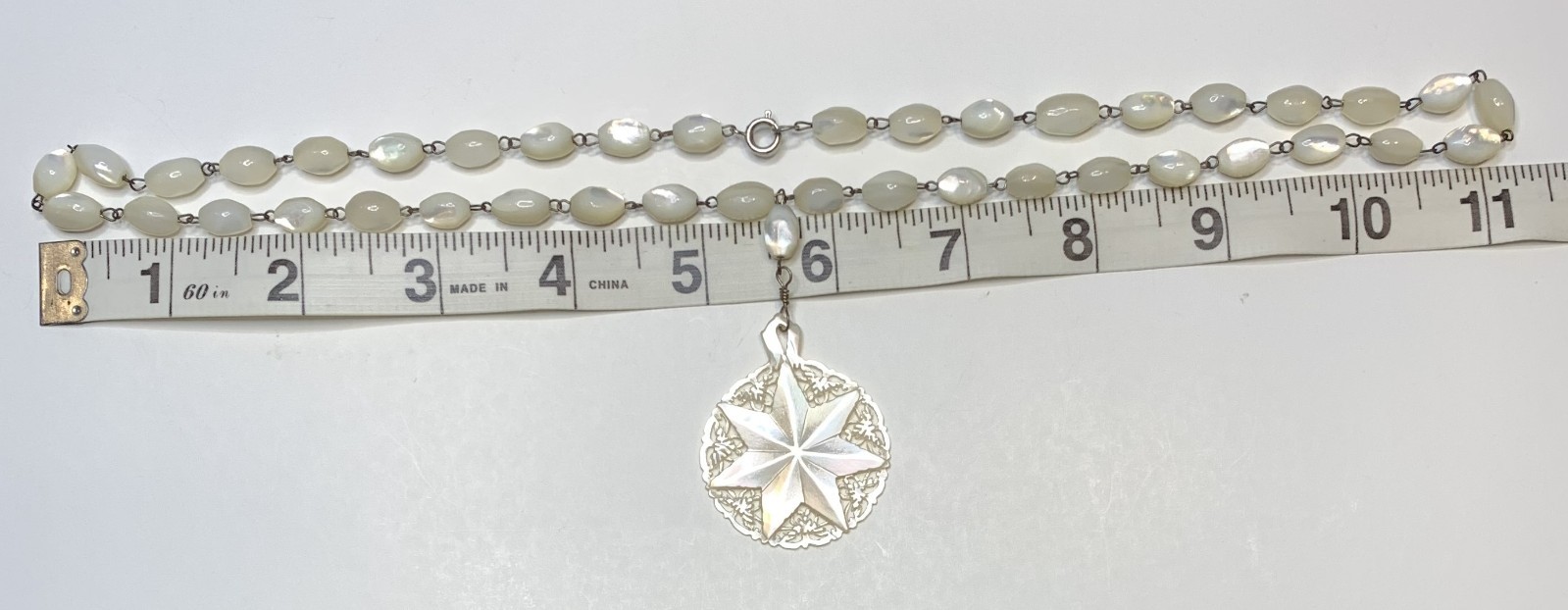 Vintage Mother of Pearl Bead Necklace with Star of Bethlehem MOP Pendant 23”