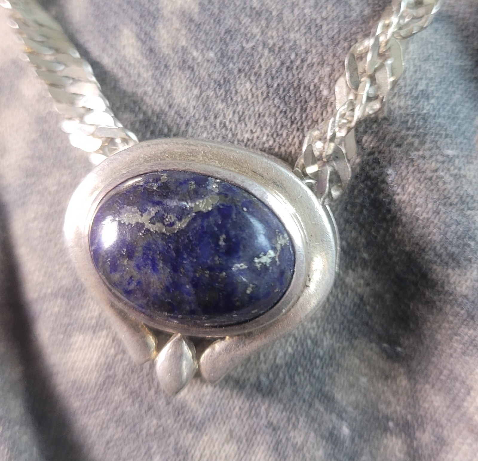 Vintage Sterling Silver Twist Miami Cuban Chain With Lapis Lazuli Pendant Blue