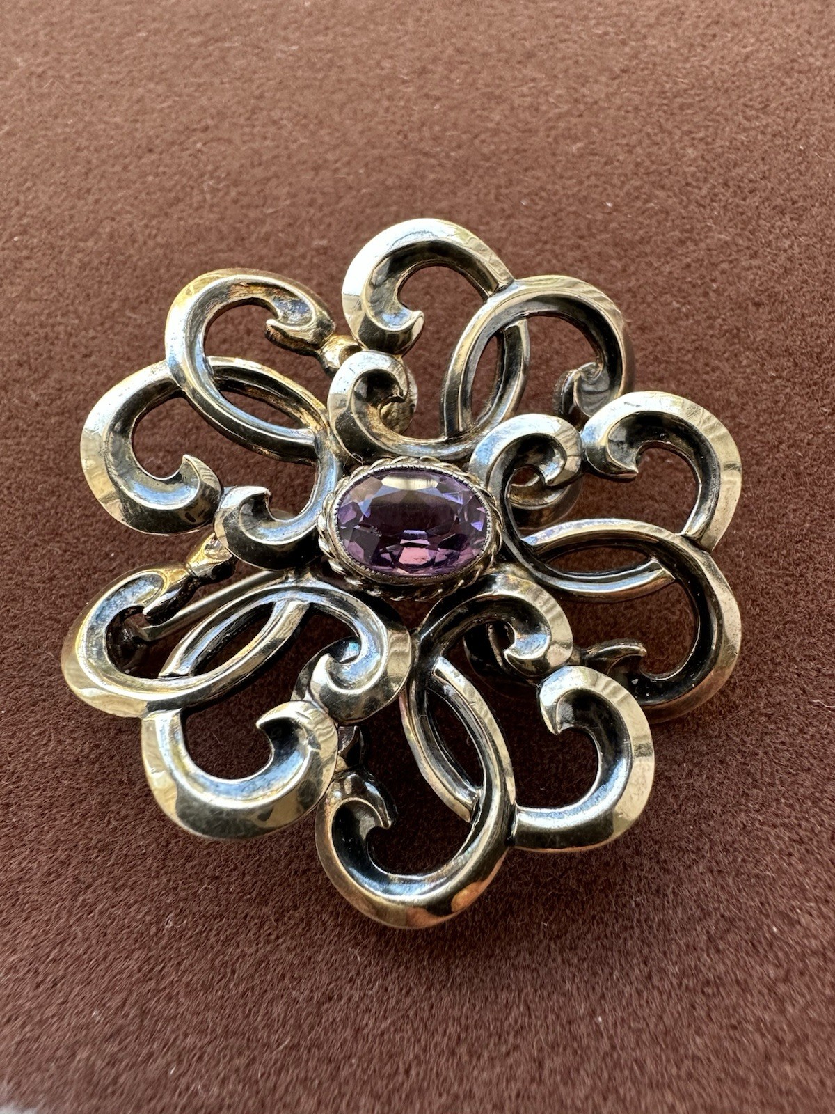 Vintage Victorian Sterling Silver Purple Amethyst Cabochon Gold Plate Brooch