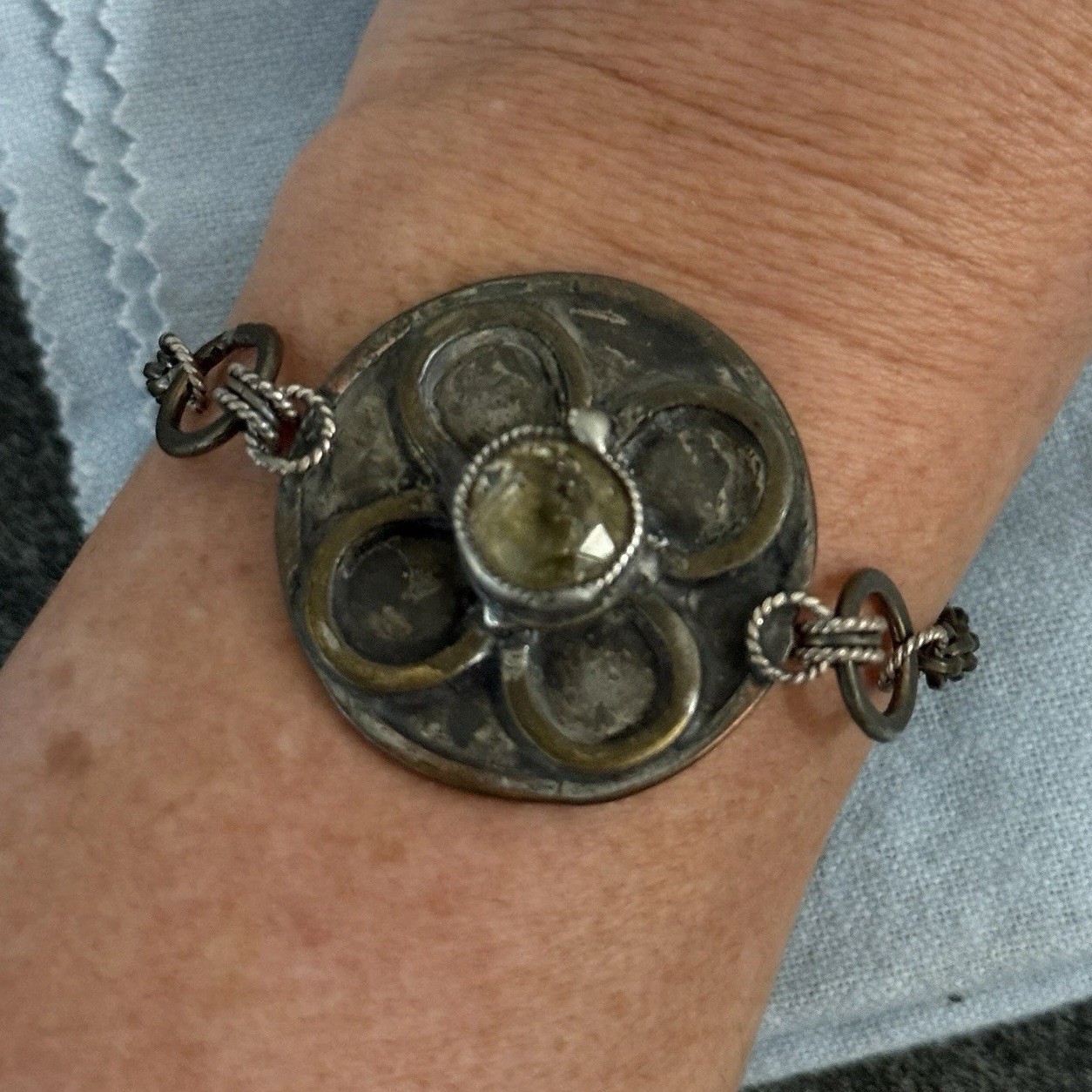 Vintage Signed Artisan Sterling & Mixed Metal Quartz Bracelet One Of A Kind Boho
