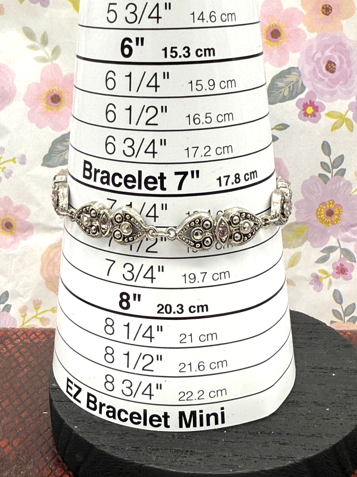 Vintage Avon Silver Tone Heart Bracelet w/ Pink Rhinestones & Marcasites 7.25 IN