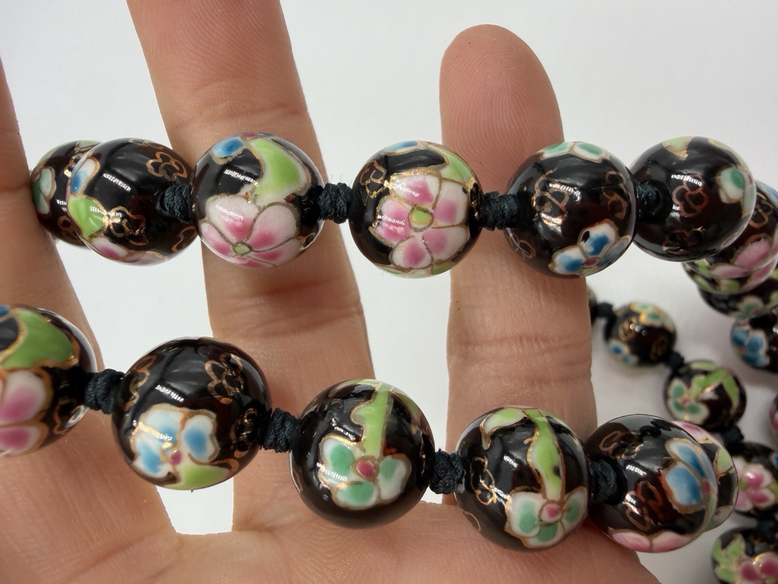 Vintage Necklace Chinese Export Black Round Floral Hand Knot 26 in 11mm