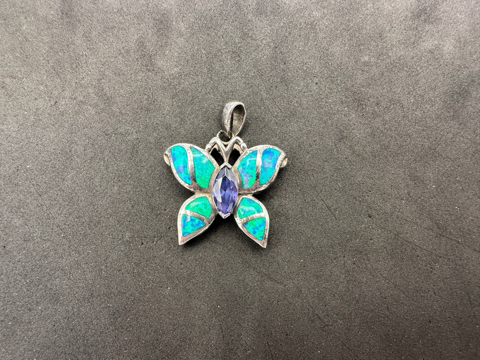 6.17g Vintage Sterling Silver 925 Butterfly Pendant Blue Green Inlay Purple M