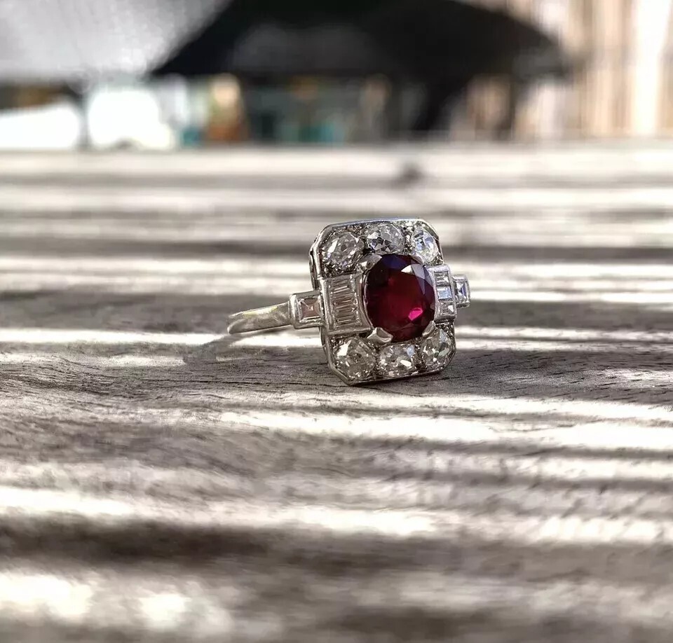 Art Deco Vintage Ruby & Lab Created Diamond Engagement 14K White Gold FN Ring