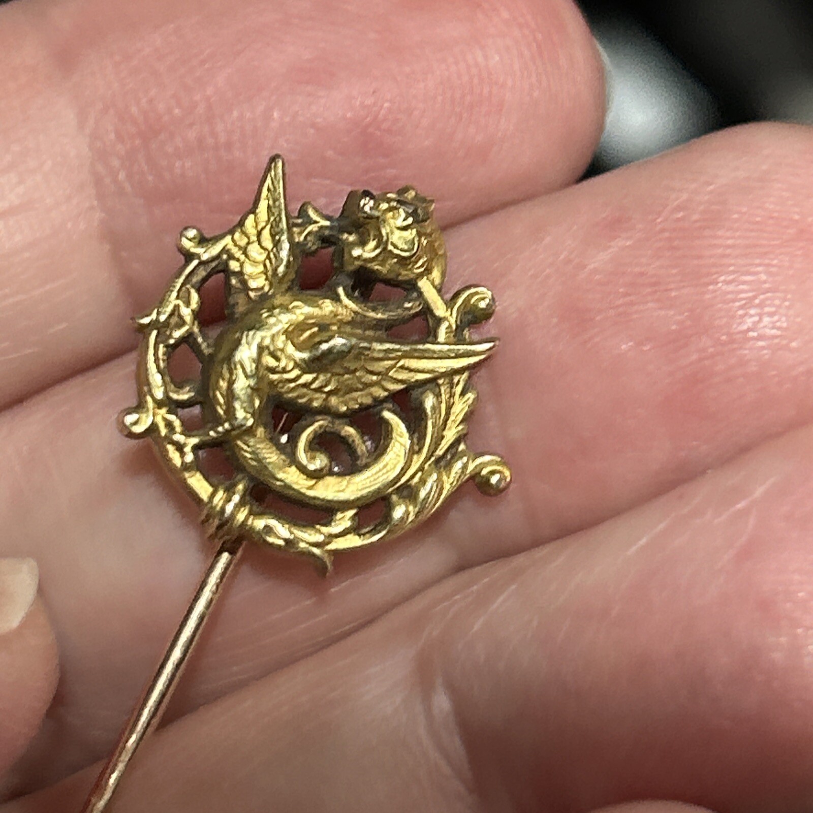 c1900s Stick Hat Lapel Pin Dragon Serpent Chimera Gold Fill French Stamp