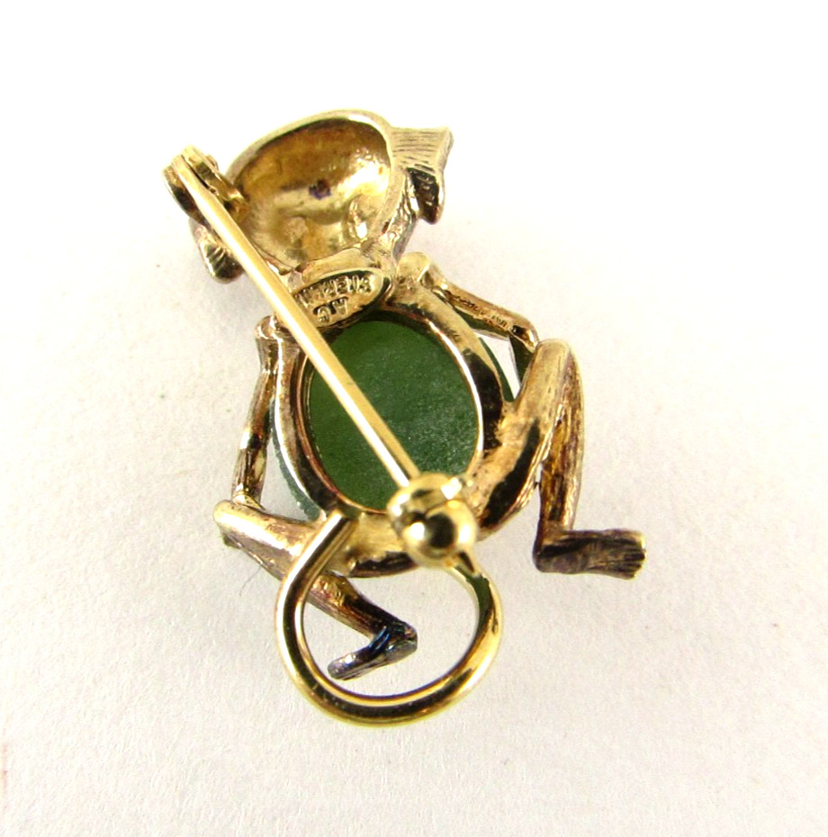Vintage Estate AC Sterling Silver & Nephrite Jade Brooch Pin Monkey 1”