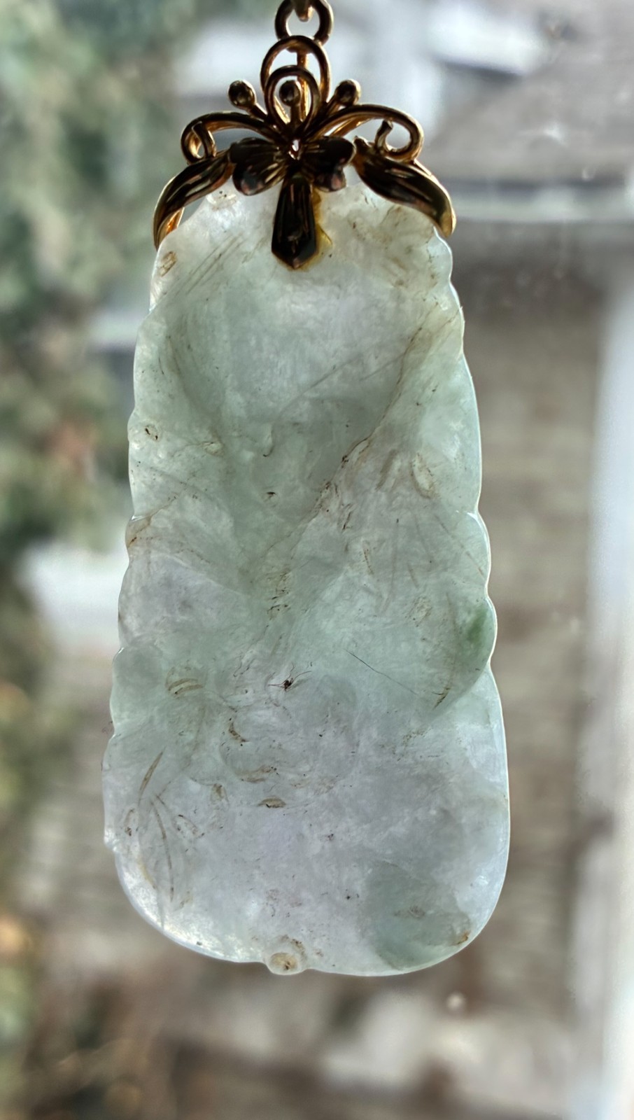 VTG Large Carved Jade Jadeite Pendant 14K 585 Gold Fancy Mount & Bail~ 2 3/4″