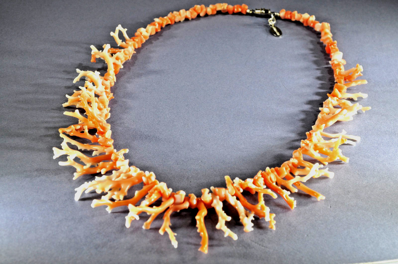 Coral Necklace White & Salmon Graduated Branch Coral 21 Inches Signed