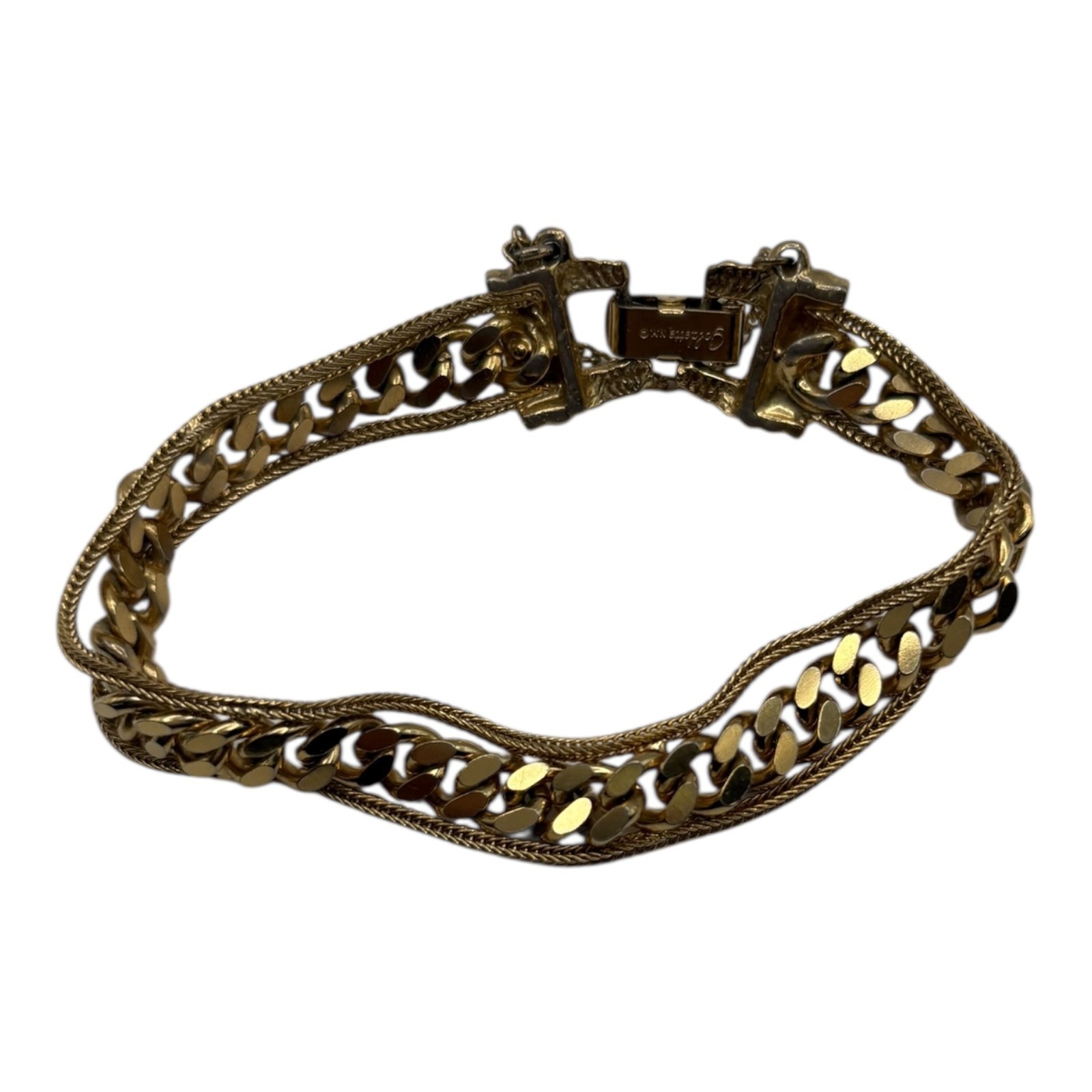 Goldette NY Gold Tone Bracelet 7″Cuban Chain Link Double Strand Safety Chain Vtg