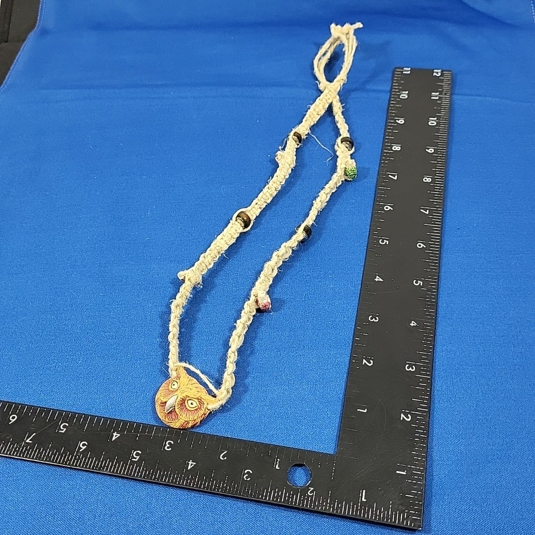 Vintage Y2K Hemp Necklace Owl Themed Beaded Boho Grunge