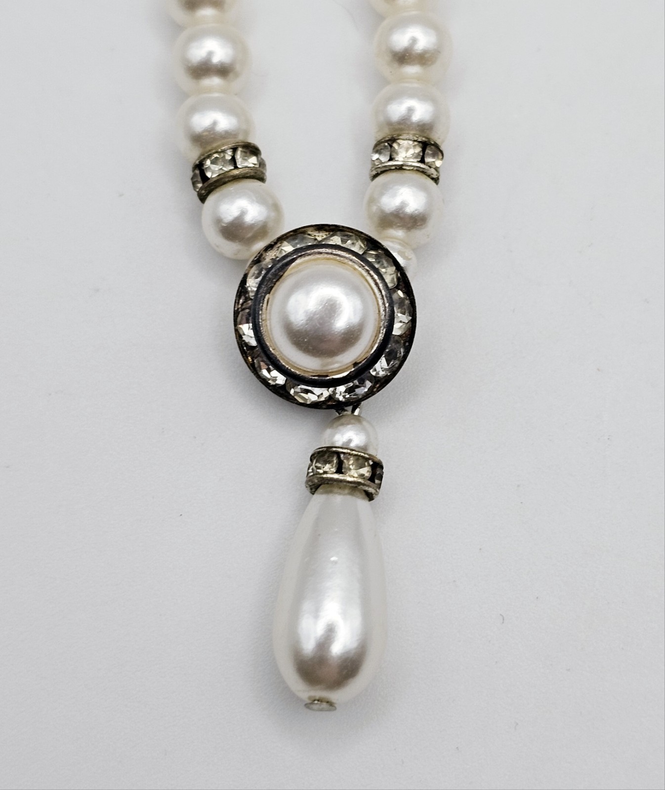 Vintage Unsigned Faux Pearl Choker Necklace Teardrop Pendant Rhinestone Costume