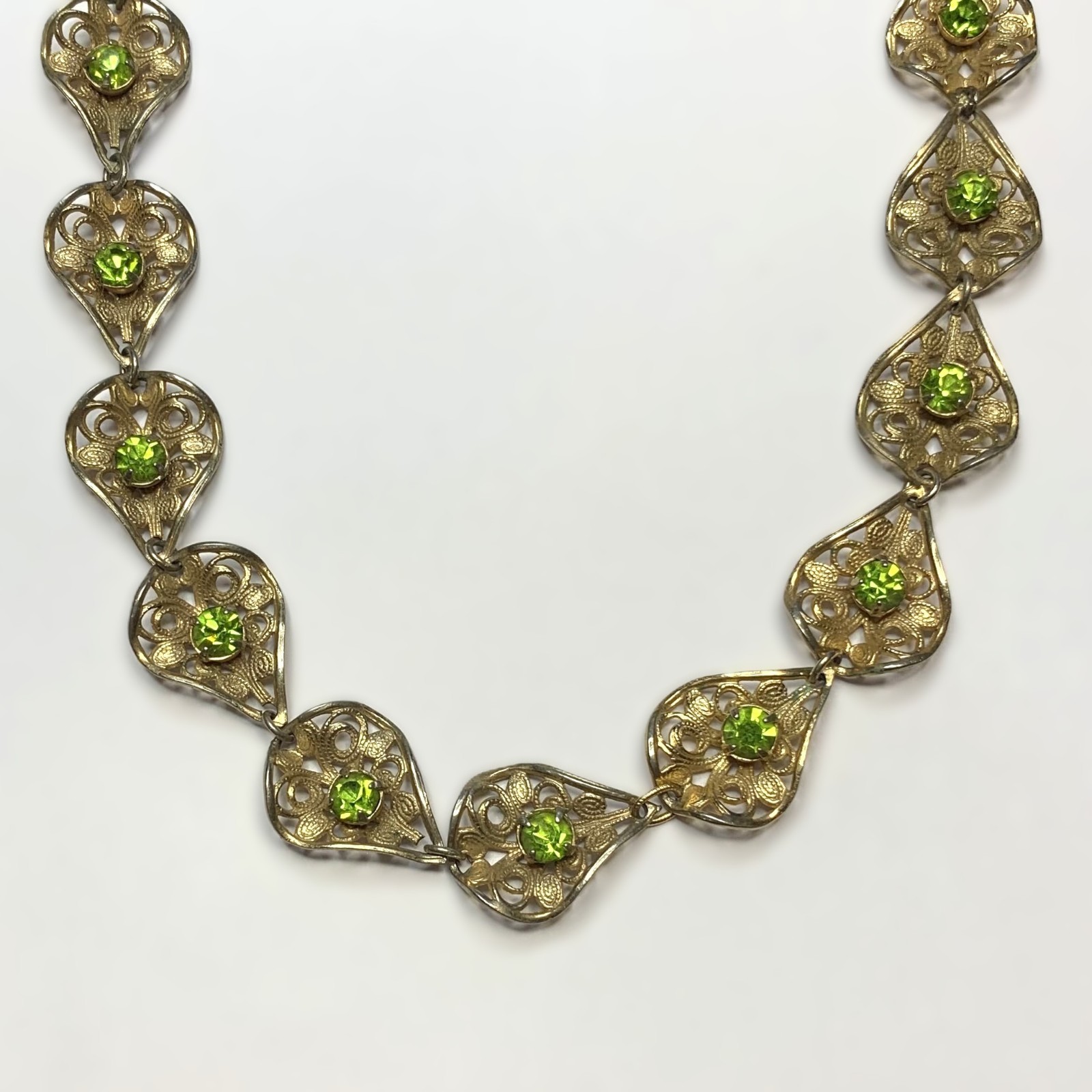 Vintage Gold Tone Necklace Filigree Petals With Lime Green Rhinestones 22”