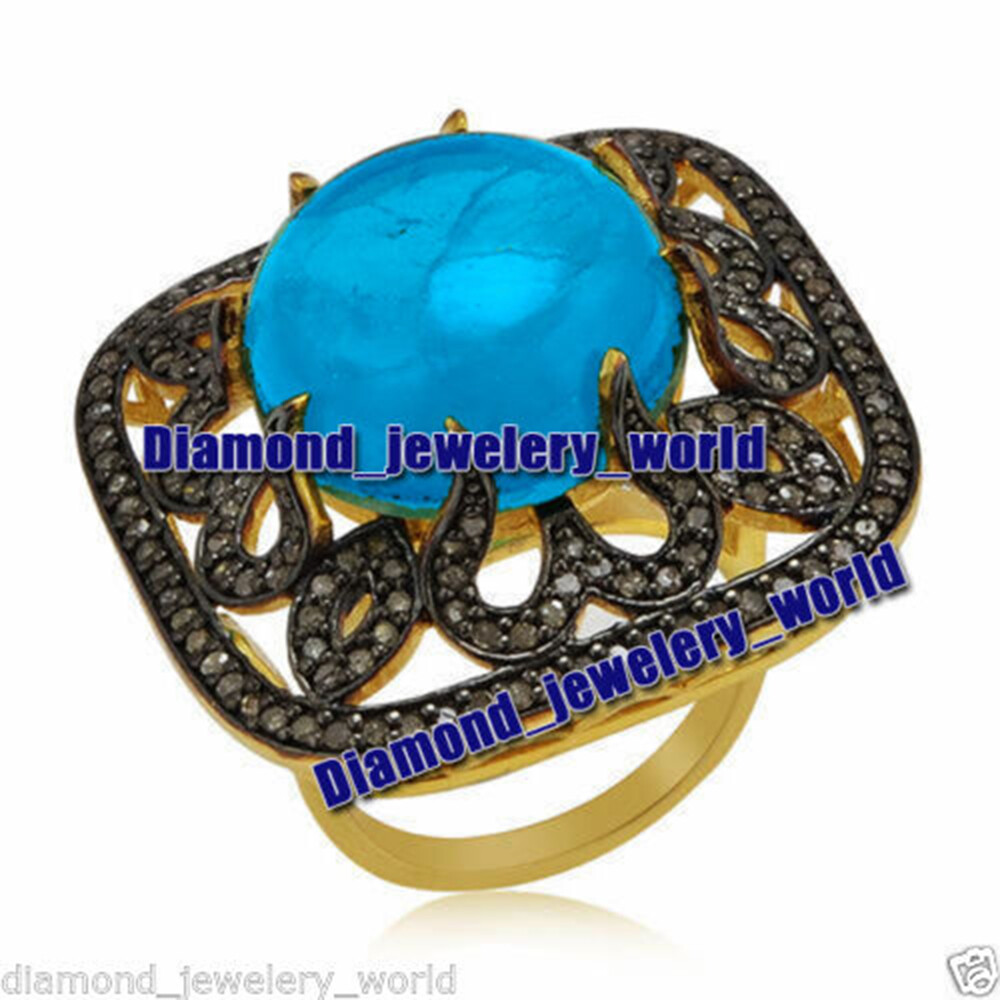 Stunning 2.88ctw Rose Cut Diamond Turquoise Studded Silver Vintage Ring Jewelry