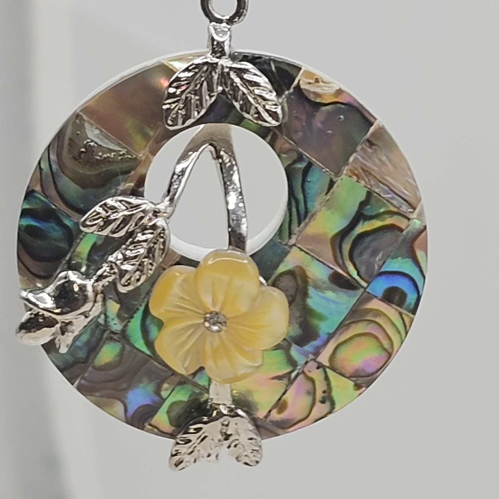 Vintage Abalone Mosaic Mother Of Pearl Floral Dangle Earrings Paua Shell Inlaid