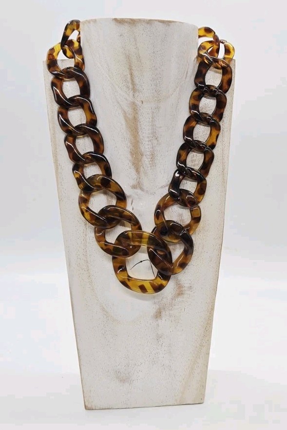 Faux TORTOISE SHELL Necklace Rootbeer Lucite Acrylic Chain Link Rings Graduated