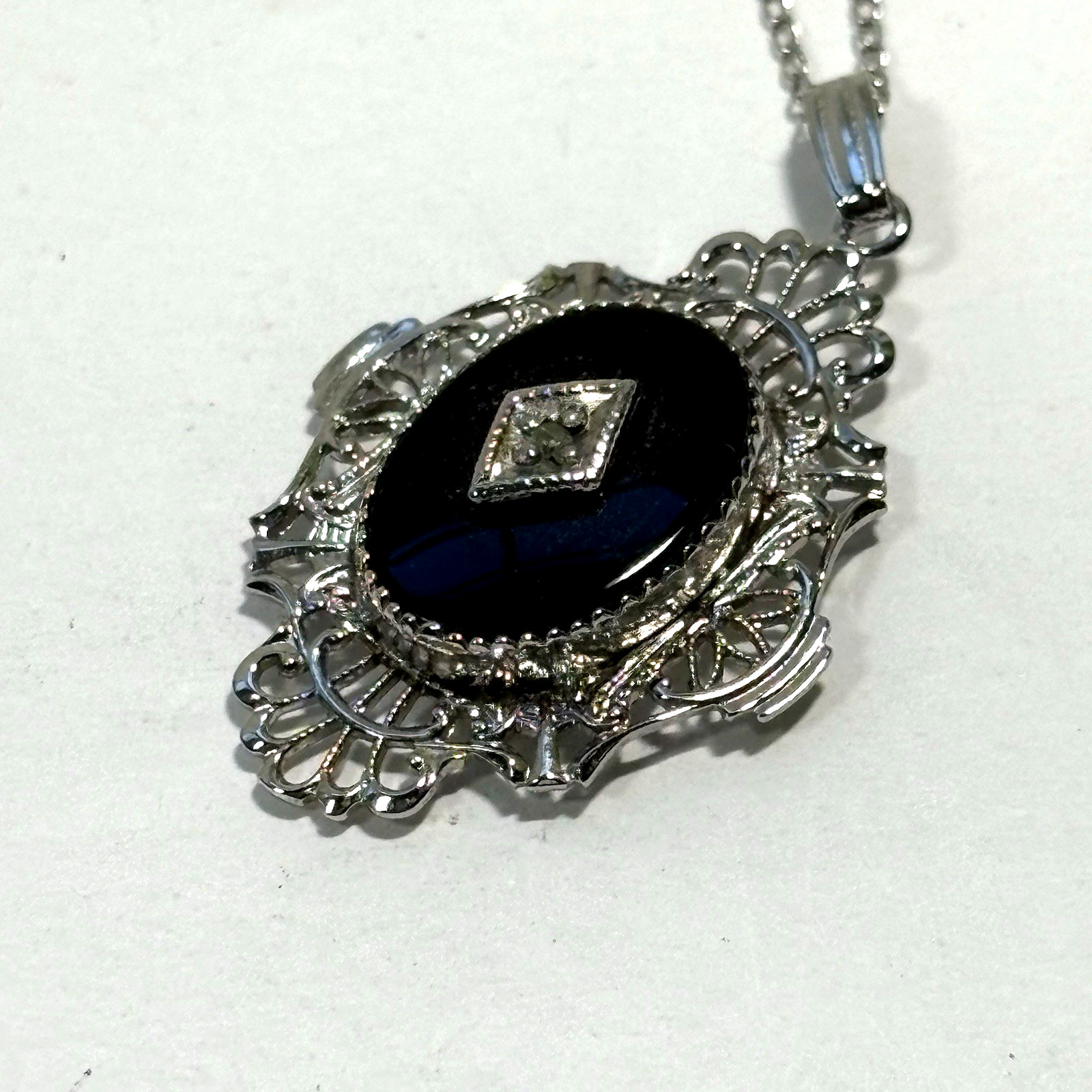VTG Art Deco Black Onyx Diamond Filigree Pendant Necklace Sterling Silver 18″
