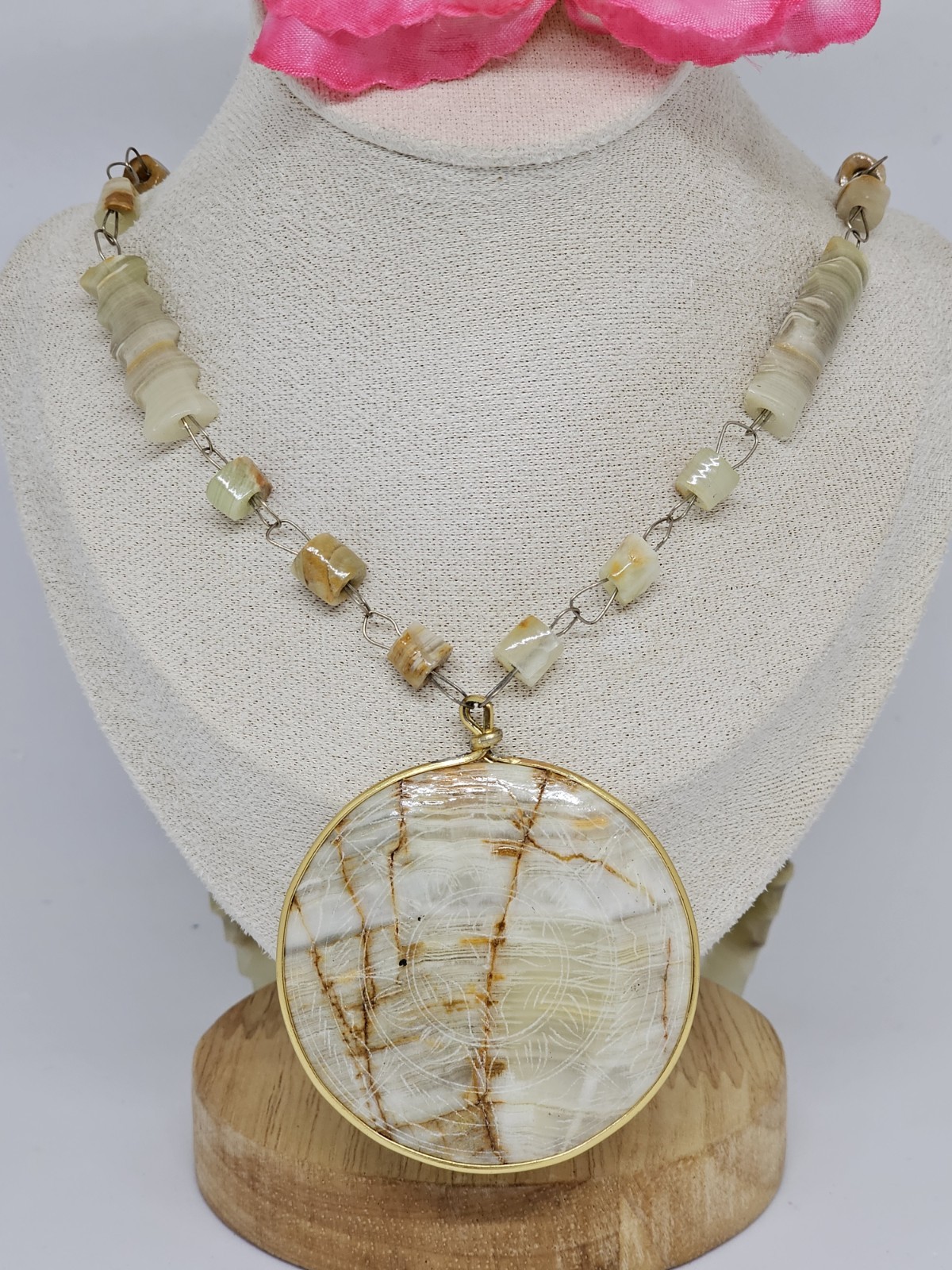 Vintage Carved Agate Beaded Necklace Etched Aztec Sun Disc Pendant