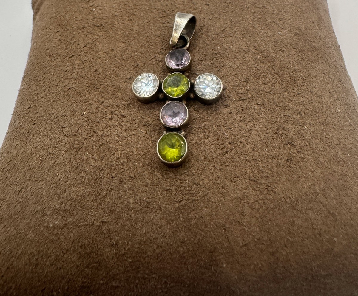 Vintage Sterling Silver Green White and Purple stone cross