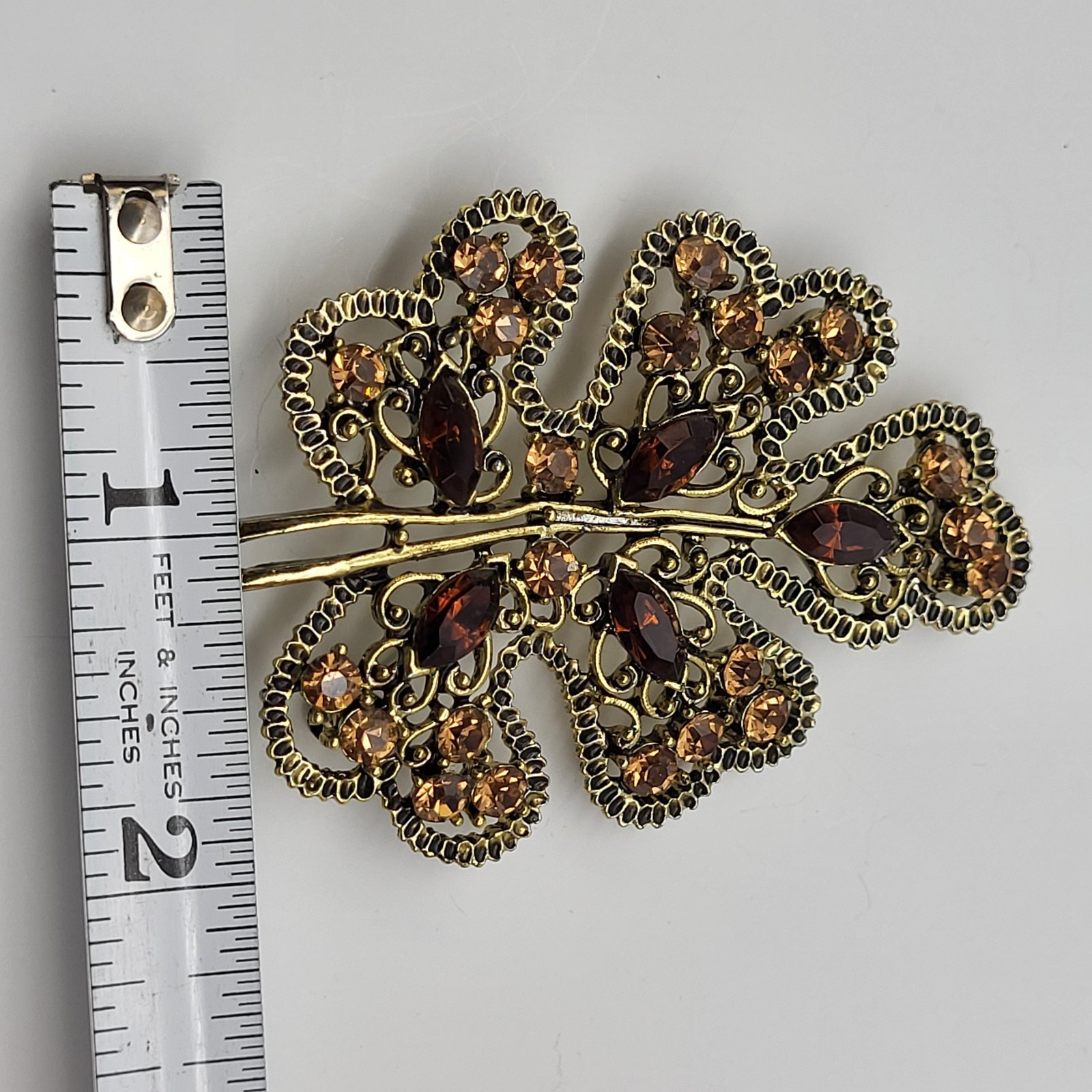 Lovely vintage large earthtones rhinestone brooch pin leaf Boho MCM