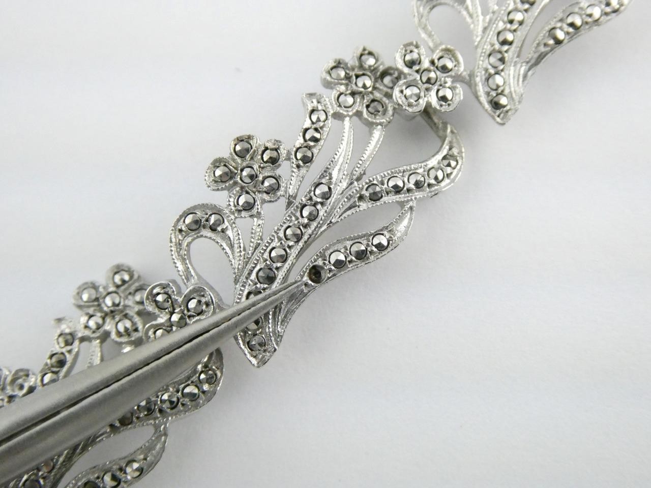 Vintage Deco Style Sterling Silver Marcasite Studded Bracelet 7.25 In GEMS MISS