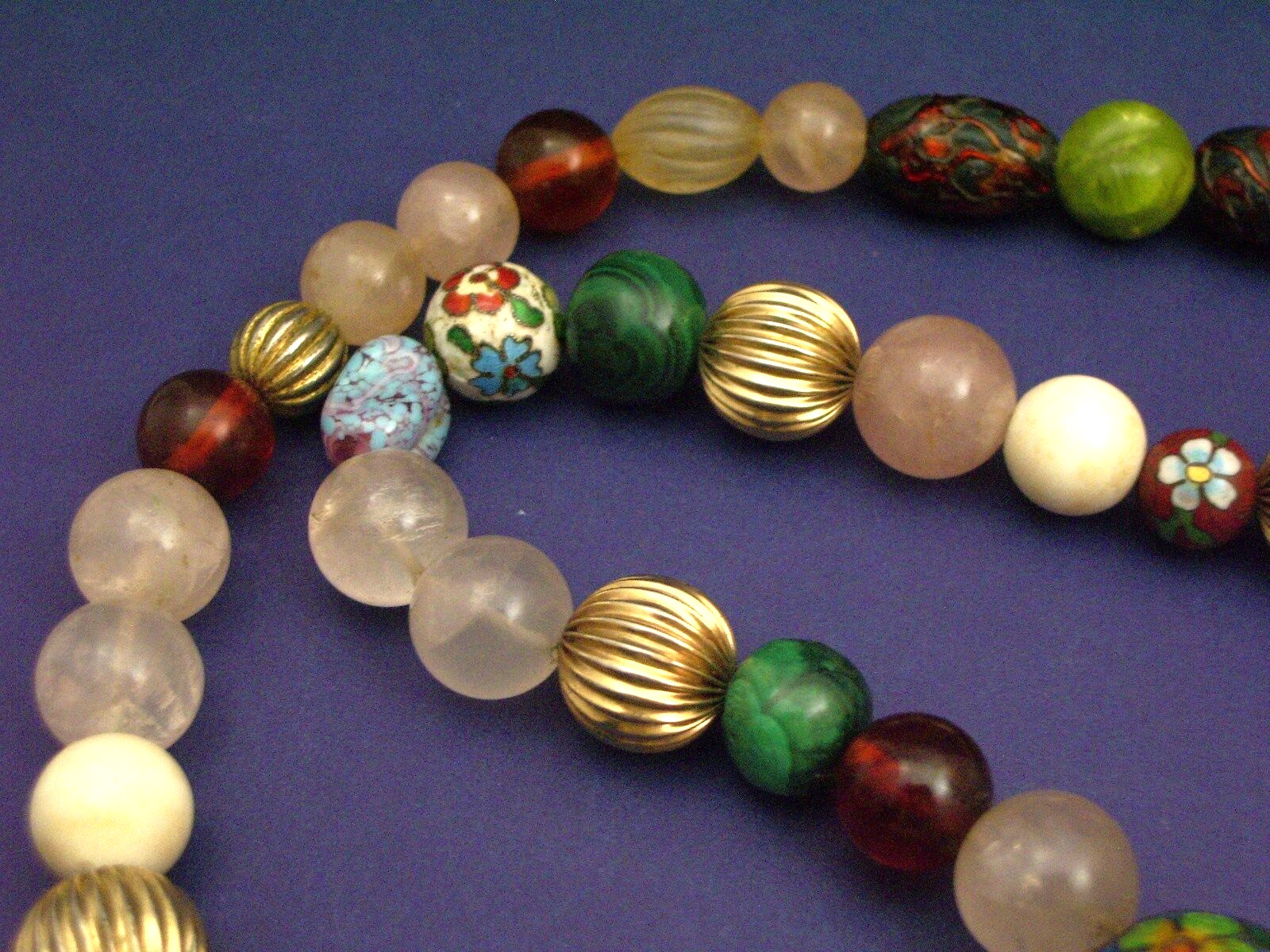 Venetian unique beaded necklace enamel malachite rose quartz stunning Estate
