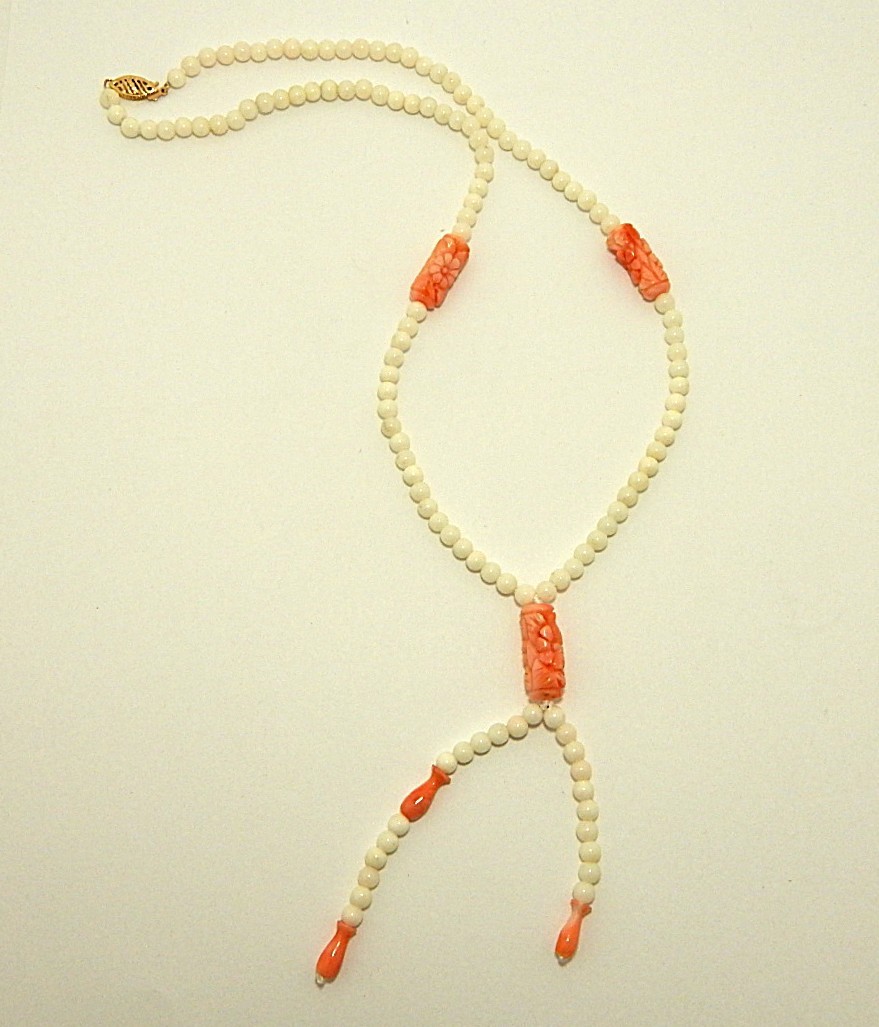 Carved Salmon Coral Necklace 17″ Long plus tassel 14K Clasp