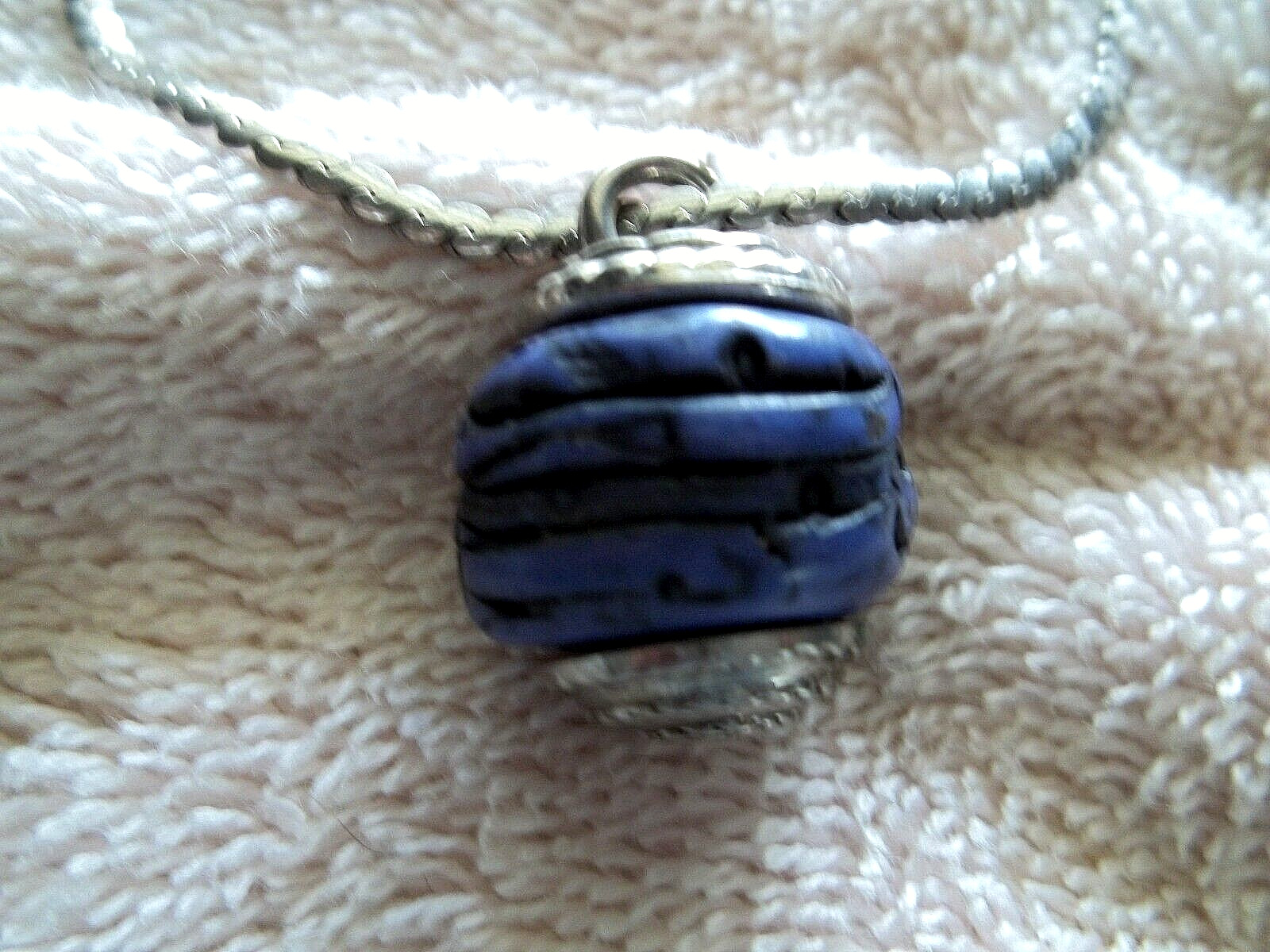 Signed KOREA Carved Blue Resin Pendant, Silver Tone Metal Chain