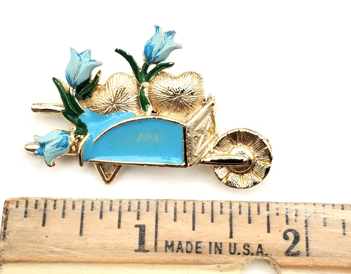 Vintage Gold Tone Blue Enamel Flowers and Hearts in Wagon Brooch Pin