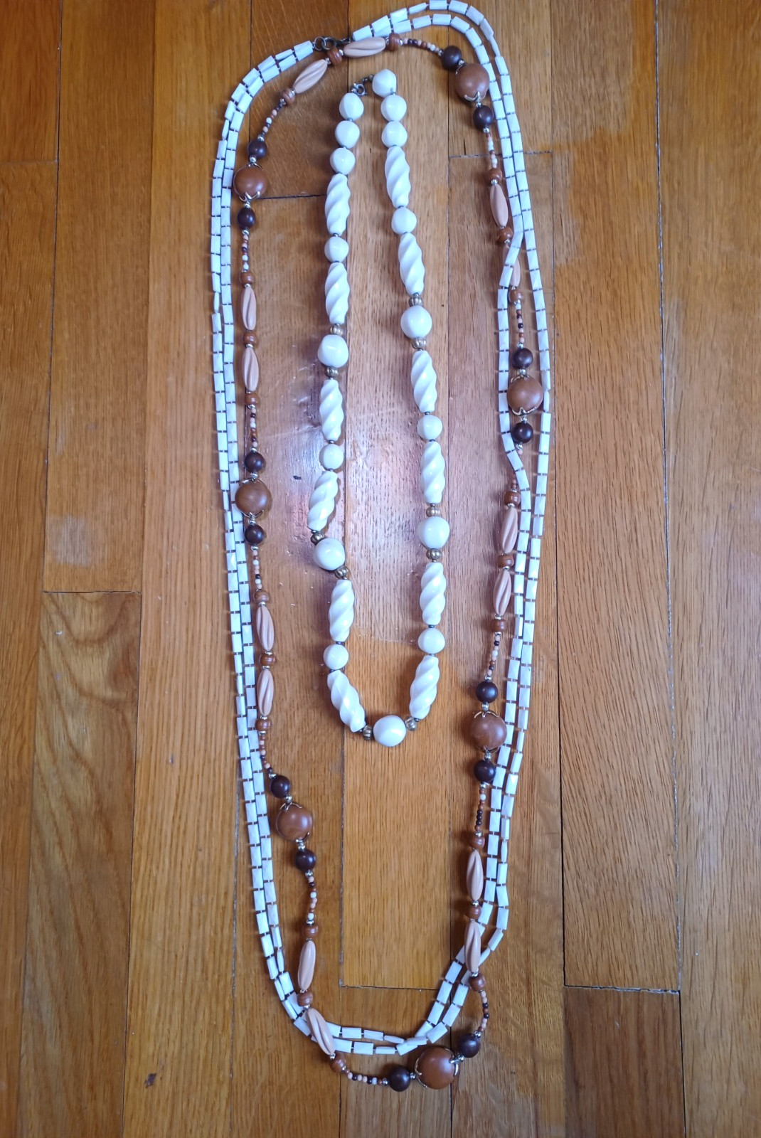 Stack of 3 Vintage 1960s White Brown Gold Bead Boho Hippie “Love Bead” Necklaces