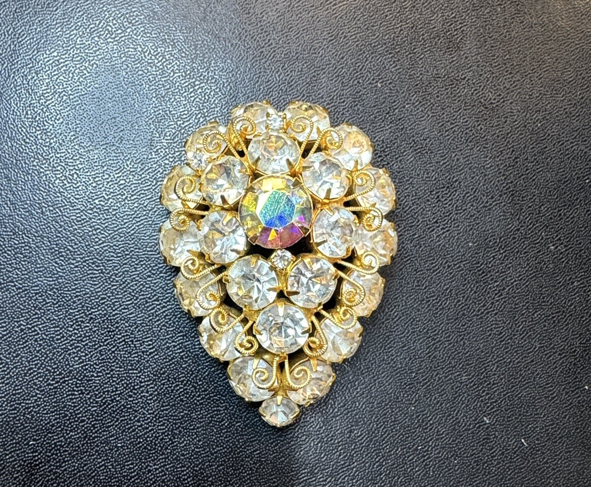 VINTAGE JULIANA DELIZZA & ELSTER AURORA BOREALIS FILIGREE BROOCH EUC GOLD TONE