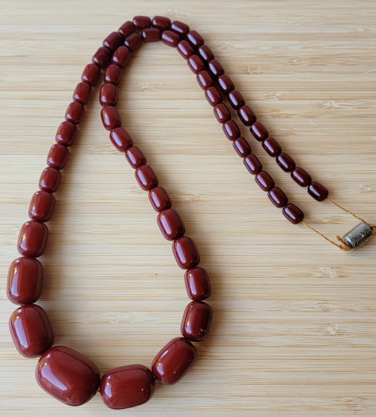Cherry Amber Bakelite Barrel Prayer Bead Necklace – 76 Grams