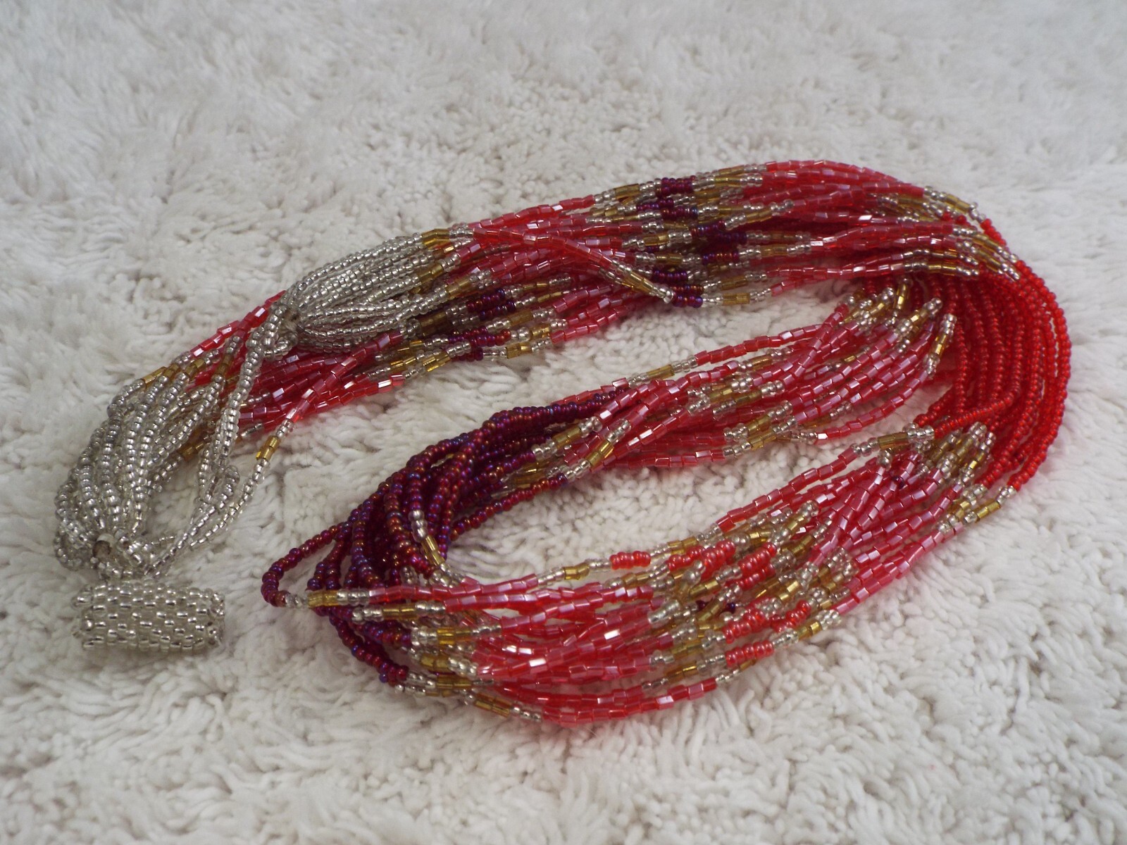 Fuchsia Red Pink Glass Bead Multi Strand Necklace (J2)