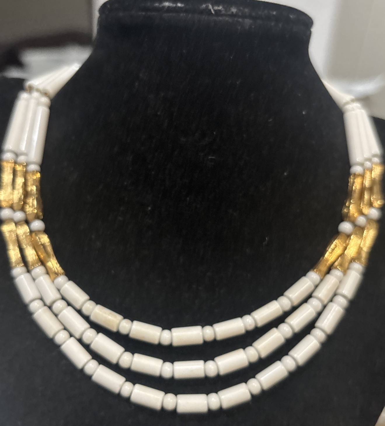 Vintage Gold Tone White Lucite Signed Monet Triple Strand Necklace 15-17”