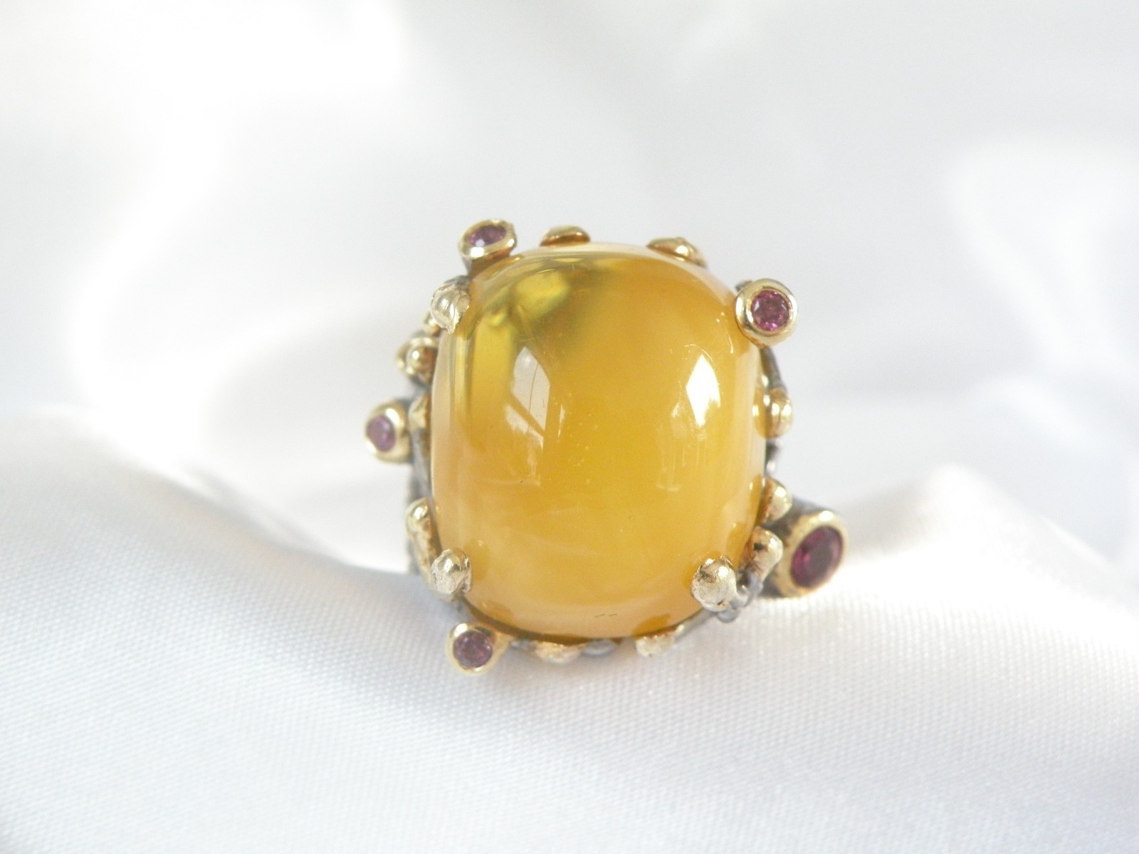 Brutalist Sterling Silver 925 Huge Butterscotch Amber Modern Statement Ring 7.5