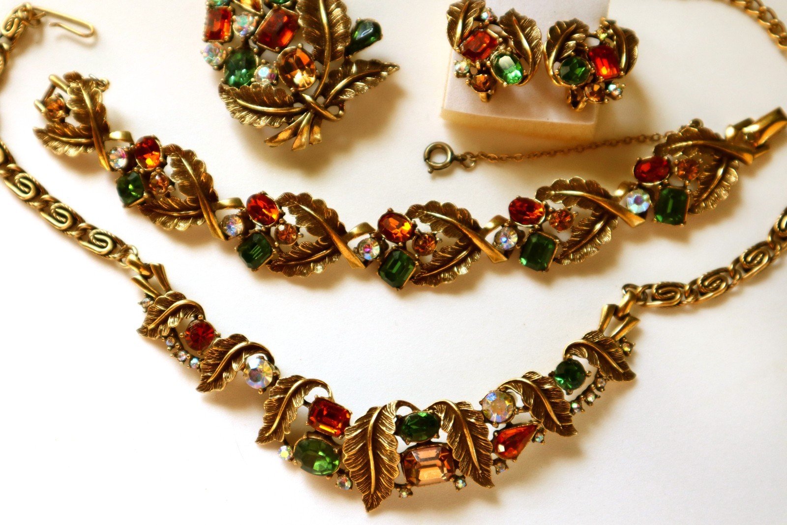 Vintage CORO PARURE Rhinestone Set Fall Colors Necklace Bracelet Earrings Brooch