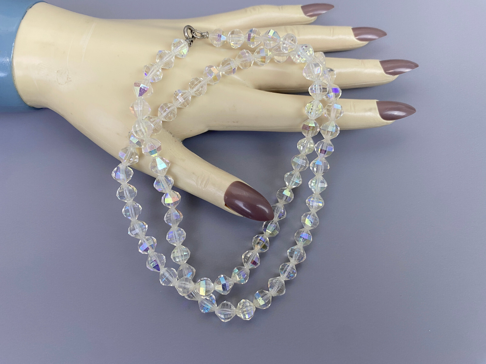 VTG Aurora Borealis 8MM Crystal Faceted Bead Necklace Single Strand 23in – 44g